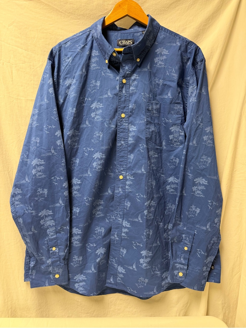 Chaps Blue Stretch Size XXL/TTG Men’s Summer Print Button Up Long Sleeve